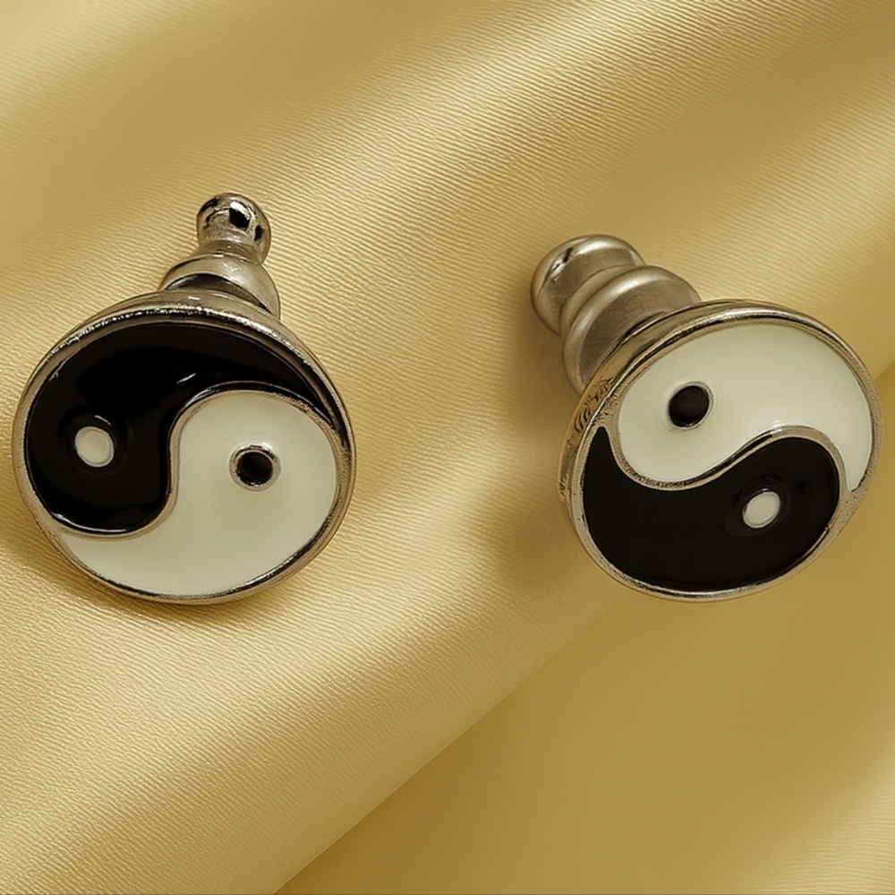 Silver-Tone Yin Yang Stud Earrings – Black White Symbol, 0.4" Minimalist Jewelry